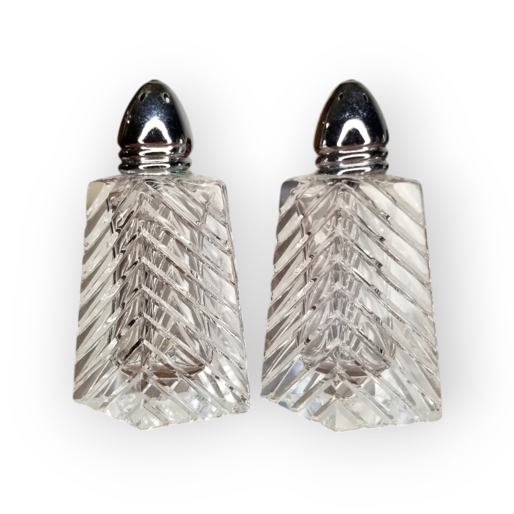 Vintage Cut Glass Salt and Pepper Shakers silver tone caps elegant